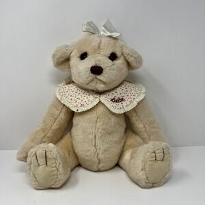 Dakin Latte Plush Bear Cream Floral Lace Collar Satin Bow 11" Vtg Stuffed Animal